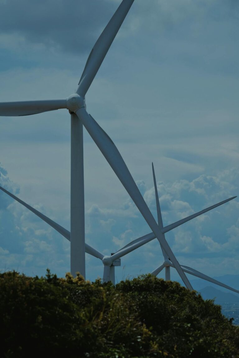 Wind turbines in a lush landscape under blue skies, symbolizing sustainable energy.
