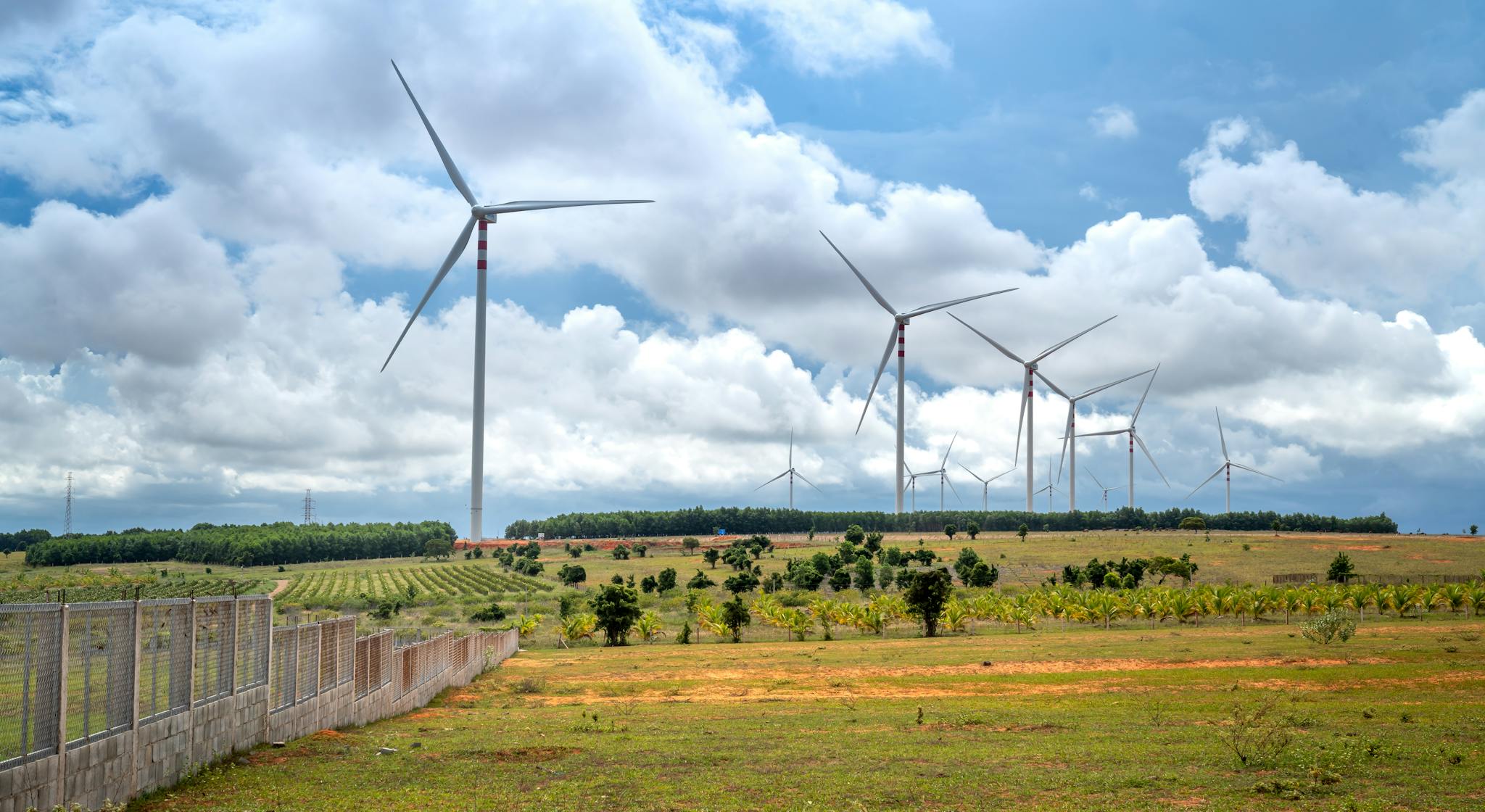 Wind turbines spinning in a grassy field under a bright cloudy sky, showcasing renewable energy.